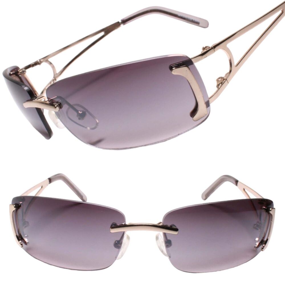 Deadstock Y2K Rimless Rectangle Womens Gold Sunglasses Intricate Cut-Out Frame